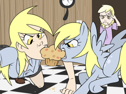 Size: 1024x768 | Tagged: safe, artist:thelivingmachine02, character:derpy hooves, character:dinky hooves, species:human, species:pegasus, species:pony, clock, crumbs, facepalm, female, fight, floor, funny, funny as hell, gimp, human ponidox, humanized, mare, mouth hold, muffin, ponidox, self ponidox, that pony sure does love muffins, tug of war, unamused, wat
