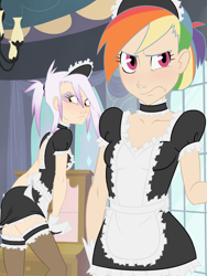 Size: 1200x1600 | Tagged: safe, artist:thelivingmachine02, character:gilda, character:rainbow dash, species:human, breasts, clothing, female, humanized, maid, skinny, small breasts, unamused
