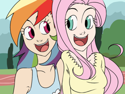 Size: 1024x768 | Tagged: safe, artist:thelivingmachine02, character:fluttershy, character:rainbow dash, species:human, episode:may the best pet win, g4, my little pony: friendship is magic, faec, female, gimp, humanized, scene interpretation, singing, smiling