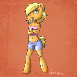 Size: 1000x1000 | Tagged: safe, artist:draneas, character:applejack, species:anthro, species:unguligrade anthro, 30 minute art challenge, alternate hairstyle, belly button, bellyring, cigarette, clothing, female, piercing, shorts, solo, teenager