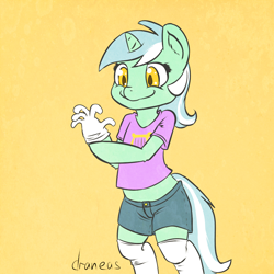 Size: 1000x1000 | Tagged: safe, artist:draneas, character:lyra heartstrings, species:pony, species:unicorn, 30 minute art challenge, bipedal, clothing, colored pupils, female, gloves, rubber gloves, shirt, shorts, smiling, socks, solo, t-shirt