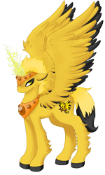 Size: 961x1600 | Tagged: safe, artist:mondlichtkatze, species:alicorn, species:pony, alicornified, crossover, peytral, pokémon, ponified, simple background, solo, sparking horn, spread wings, transparent background, wings, zapdos