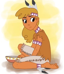 Size: 1200x1400 | Tagged: safe, artist:thelivingmachine02, character:little strongheart, species:human, anklet, barefoot, bowl, clothing, cute, feather, feet, female, headband, humanized, solo