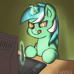 Size: 1000x1000 | Tagged: safe, artist:draneas, character:lyra heartstrings, species:pony, species:unicorn, computer, dark, drawing, female, magic, smiling, solo, stylus, tablet, telekinesis, tongue out, wacom intuos 5