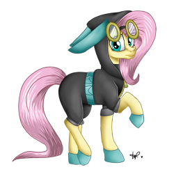 Size: 1600x1600 | Tagged: safe, artist:shyshyoctavia, character:fluttershy, species:pegasus, species:pony, bunny ears, clothing, dangerous mission outfit, female, goggles, heart eyes, hoodie, mare, simple background, solo, transparent background, wingding eyes