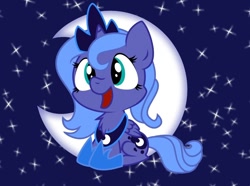 Size: 944x704 | Tagged: safe, artist:askfirefly-23, artist:nekosnicker, character:princess luna, chest fluff, cute, female, filly, happy, moon, solo, stars, woona