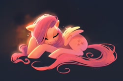 Size: 1500x992 | Tagged: safe, artist:imalou, character:fluttershy, species:pegasus, species:pony, g4, backlighting, cute, drawthread, eyes closed, female, glowing, lying down, mare, nap, prone, request, requested art, shyabetes, signature, simple background, sleeping, solo, sweet dreams fuel