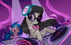 Size: 1280x816 | Tagged: safe, artist:switchsugar, character:dj pon-3, character:octavia melody, character:vinyl scratch, species:earth pony, species:pony, species:unicorn, g4, bow tie, headphones, shocked, sunglasses, turntable