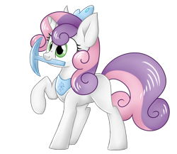 Size: 2300x2000 | Tagged: safe, artist:shyshyoctavia, character:sweetie belle, species:pony, species:unicorn, female, jewelry, minecraft, mouth hold, nose wrinkle, pickaxe, raised hoof, regalia, simple background, smiling, solo, tiara, transparent background