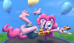 Size: 1280x759 | Tagged: safe, artist:draneas, artist:kuroi-wolf, character:pinkie pie, species:anthro, species:plantigrade anthro, balloon, barefoot, bouncing, cake, colored, feet, female, fork, jumping, open mouth, plate, smiling, solo, trampoline