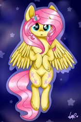 Size: 2000x3000 | Tagged: safe, artist:shyshyoctavia, character:fluttershy, species:pegasus, species:pony, chest fluff, cute, female, looking at you, open mouth, shyabetes, signature, solo, stars, wingding eyes, wings