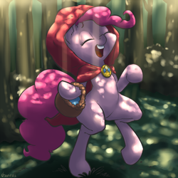 Size: 1000x1000 | Tagged: safe, artist:draneas, character:pinkie pie, species:pony, basket, bipedal, crepuscular rays, crossover, cute, female, forest, hood, little red riding hood, pixiv, solo