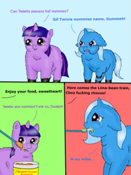 Size: 669x894 | Tagged: safe, artist:waggytail, character:trixie, character:twilight sparkle, cheek puffing, fluffy pony, lima beans, vulgar