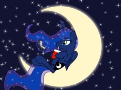 Size: 944x704 | Tagged: safe, artist:nekosnicker, character:princess luna, crescent moon, drink, drinking, female, moon, nds, playing, solo, tangible heavenly object, transparent moon, video game