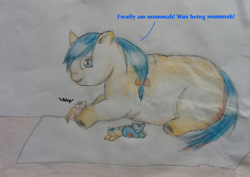 Size: 856x607 | Tagged: safe, artist:waggytail, dapple, fluffy pony, fluffy pony foals, fluffy pony mother, hugbox