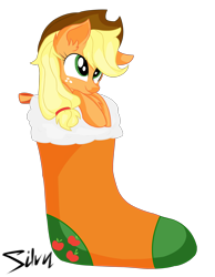 Size: 2984x3840 | Tagged: safe, artist:shyshyoctavia, artist:silvy-winds, character:applejack, chest fluff, christmas stocking, female, simple background, solo