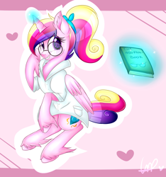 Size: 3000x3200 | Tagged: safe, artist:shyshyoctavia, character:princess cadance, species:alicorn, species:pony, adorkable, book, clothing, coat, cute, cutedance, dork, female, glasses, grin, heart, looking at you, magic, sitting, smiling, solo, unshorn fetlocks