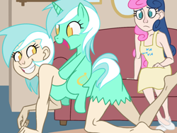 Size: 1024x768 | Tagged: safe, artist:thelivingmachine02, character:bon bon, character:lyra heartstrings, character:sweetie drops, species:human, species:pony, species:unicorn, g4, barefoot, clothing, concerned, cute, dress, feet, female, human ponidox, humanized, lyra doing lyra things, mare, no pupils, ponidox, ponies riding humans, riding, riding human, self ponidox, skinny