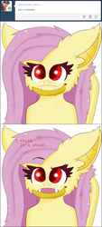 Size: 642x1416 | Tagged: safe, artist:miss-jessiie, character:flutterbat, character:fluttershy, species:bat pony, species:pony, episode:bats!, g4, my little pony: friendship is magic, ask, banana, comic, female, race swap, solo, tumblr