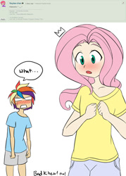 Size: 755x1057 | Tagged: safe, artist:kprovido, character:fluttershy, character:rainbow dash, species:human, blushing, breast reduction, breasts, delicious flat chest, deviantart, dialogue, flattershy, humanized, light skin, observer, pun, request
