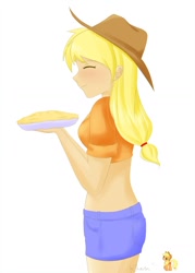 Size: 825x1155 | Tagged: safe, artist:kprovido, character:applejack, species:human, g4, eyes closed, female, humanized, midriff, pie, profile, simple background, solo, white background