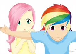 Size: 1540x1100 | Tagged: safe, artist:kprovido, character:fluttershy, character:rainbow dash, species:human, episode:the cutie mark chronicles, g4, my little pony: friendship is magic, breasts, clothing, delicious flat chest, female, flattershy, humanized, looking at you, protecting, scene interpretation, simple background, tank top, white background, young, younger