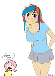 Size: 900x1260 | Tagged: safe, artist:kprovido, character:fluttershy, character:rainbow dash, species:human, breast envy, breasts, busty rainbow dash, clothing, delicious flat chest, female, flattershy, humanized, light skin, short skirt, skirt