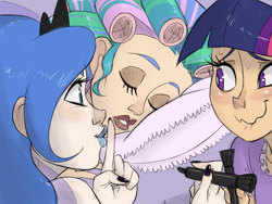 Size: 1600x1200 | Tagged: safe, artist:thelivingmachine02, character:princess celestia, character:princess luna, character:twilight sparkle, species:human, face doodle, hair curlers, humanized, incoming prank, light skin, lipstick, marker, nail polish, prank, sleeping, this will end in tears and/or a journey to the moon