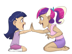 Size: 1600x1200 | Tagged: safe, artist:thelivingmachine02, character:princess cadance, character:twilight sparkle, species:human, barefoot, clothing, eye contact, feet, humanized, kneeling, light skin, looking at each other, missing shoes, open mouth, pattycakes, ponytail, simple background, smiling, socks, sunshine sunshine, white background, younger