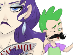 Size: 1600x1200 | Tagged: safe, artist:thelivingmachine02, character:rarity, character:spike, species:human, ear piercing, earring, frown, humanized, jewelry, light skin, lipstick, magazine, moustache, nail polish, open mouth, piercing, rarity is not amused, unamused, varying degrees of want, wink
