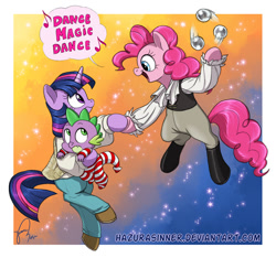 Size: 900x841 | Tagged: safe, artist:hazurasinner, character:pinkie pie, character:spike, character:twilight sparkle, species:pony, ship:twinkie, bipedal, clothing, david bowie, female, goblin king, jareth, juggling, labyrinth (movie), lesbian, movie reference, shipping