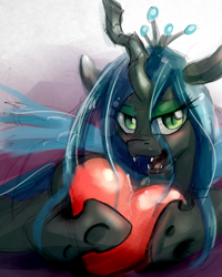 Size: 1280x1600 | Tagged: safe, artist:ruby, character:queen chrysalis, species:changeling, species:pony, changeling queen, fangs, female, heart, looking at you, open mouth, solo