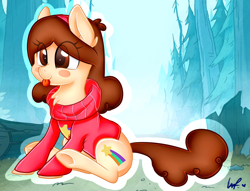 Size: 2292x1750 | Tagged: safe, artist:shyshyoctavia, species:earth pony, species:pony, blep, blush sticker, blushing, chest fluff, clothing, crossover, cute, female, forest, gravity falls, mabel pines, mare, nature, ponified, silly, sitting, smiling, solo, sweater, tongue out, turtleneck, underhoof