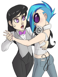 Size: 1200x1600 | Tagged: safe, artist:thelivingmachine02, character:dj pon-3, character:octavia melody, character:vinyl scratch, species:human, bow tie, clothing, dancing, glasses, headphones, humanized, jeans, light skin, looking at each other, mp3 player, nail polish, open mouth, pants, simple background, sweat, undercut, vest, white background