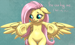 Size: 1793x1080 | Tagged: safe, artist:draneas, character:fluttershy, species:pony, bipedal, blushing, cute, dialogue, featureless crotch, female, heart, hug, hug request, if that's okay with you, looking away, presenting, semi-anthro, shy, solo, spread wings, underhoof, weapons-grade cute, wide hips, wings