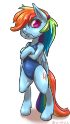 Size: 550x965 | Tagged: safe, artist:draneas, character:rainbow dash, species:pegasus, species:pony, bipedal, clothing, female, frown, looking at you, mare, one-piece swimsuit, semi-anthro, simple background, solo, sukumizu, swimsuit, tsunderainbow, tsundere, white background