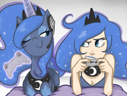 Size: 1024x768 | Tagged: safe, artist:thelivingmachine02, character:princess luna, species:human, species:pony, gamer luna, controller, cute, human ponidox, humanized, looking at each other, lunabetes, magic, one eye closed, ponidox, smugluna, telekinesis