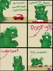 Size: 768x1024 | Tagged: safe, artist:waggytail, comic, cute, fluffy pony, hugbox, solo, toy cars