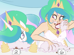 Size: 1024x768 | Tagged: safe, artist:thelivingmachine02, character:princess celestia, species:alicorn, species:human, species:pony, cake, cakelestia, eating contest, female, food, human ponidox, humanized, majestic as fuck, mare, messy eating, ponidox, this will end in weight gain