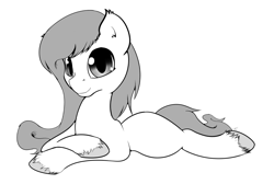 Size: 1175x789 | Tagged: safe, artist:krucification, oc, oc only, species:earth pony, species:pony, looking at you, monochrome, prone, solo
