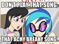Size: 800x600 | Tagged: safe, artist:thelivingmachine02, character:dj pon-3, character:octavia melody, character:vinyl scratch, species:human, achy breaky song, humanized, image macro, meme, weird al yankovic