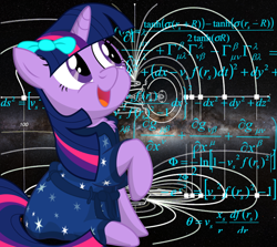 Size: 806x720 | Tagged: safe, artist:eagle1division, character:twilight sparkle, species:pony, species:unicorn, adorkable, alcubierre drive, bow, chest fluff, clothing, cute, dork, eyes on the prize, fancy mathematics, female, general relativity, hair bow, happy, mare, math, open mouth, physics, raised hoof, ribbon, robe, science, sitting, smiling, solo, space, spaceship, star trek, star trek: the next generation, that pony sure does love science, twiabetes, uss enterprise, uss enterprise d, warp, warp theory