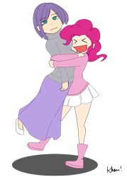 Size: 1009x1412 | Tagged: safe, artist:kprovido, character:maud pie, character:pinkie pie, species:human, :|, >.<, clothing, duo, eyes closed, female, humanized, long skirt, simple background, skirt, sweater, transparent background, xd