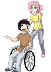 Size: 875x1225 | Tagged: safe, artist:kprovido, character:fluttershy, character:stellar eclipse, species:human, episode:trade ya, g4, my little pony: friendship is magic, converse, crack shipping, female, humanized, male, shipping, stellarshy, straight, wheelchair