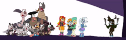 Size: 5585x1809 | Tagged: safe, artist:hunterxcolleen, character:rainbow dash, character:snails, character:snips, character:sunset shimmer, character:trixie, species:human, my little pony:equestria girls, captain gutt, carrot, crossover, disguise, dobson, flynn, gupta, humanized, ice age, leaves, monster, mud, party, prank, raz, scared, shira, silas, squint, stick, the adventures of brer rabbit, trick