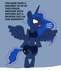 Size: 1321x1533 | Tagged: safe, artist:hunterxcolleen, character:princess luna, species:alicorn, species:pony, angry, bikini, bipedal, clothing, cold, female, glowing eyes, snow, solo, swimsuit, traditional royal canterlot voice, winter