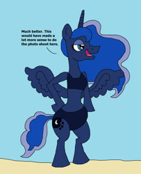 Size: 1309x1613 | Tagged: safe, artist:hunterxcolleen, character:princess luna, species:alicorn, species:pony, beach, bikini, bipedal, clothing, female, solo, summer, swimsuit, talking