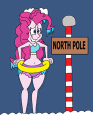 Size: 993x1337 | Tagged: safe, artist:hunterxcolleen, character:pinkie pie, my little pony:equestria girls, belly button, bikini, clothing, cold, female, freezing, freezing fetish, humanized, ice, icicle, inner tube, north pole, shivering, snow, solo, swimming pool, swimsuit