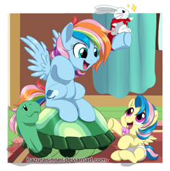 Size: 968x974 | Tagged: safe, artist:hazurasinner, character:angel bunny, character:tank, oc, oc:harmony (hazurasinner), oc:windy belle, parent:fluttershy, parent:rainbow dash, parents:flutterdash, species:pegasus, species:pony, baby, baby pony, cape, clothing, cute, diaper, foal, magical lesbian spawn, offspring, open mouth, pacifier, pointing, sisters, sitting, smiling, spread wings, wings