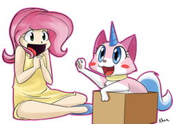 Size: 1050x750 | Tagged: safe, artist:kprovido, character:fluttershy, species:human, crossover, duo, humanized, lego, the lego movie, unikitty